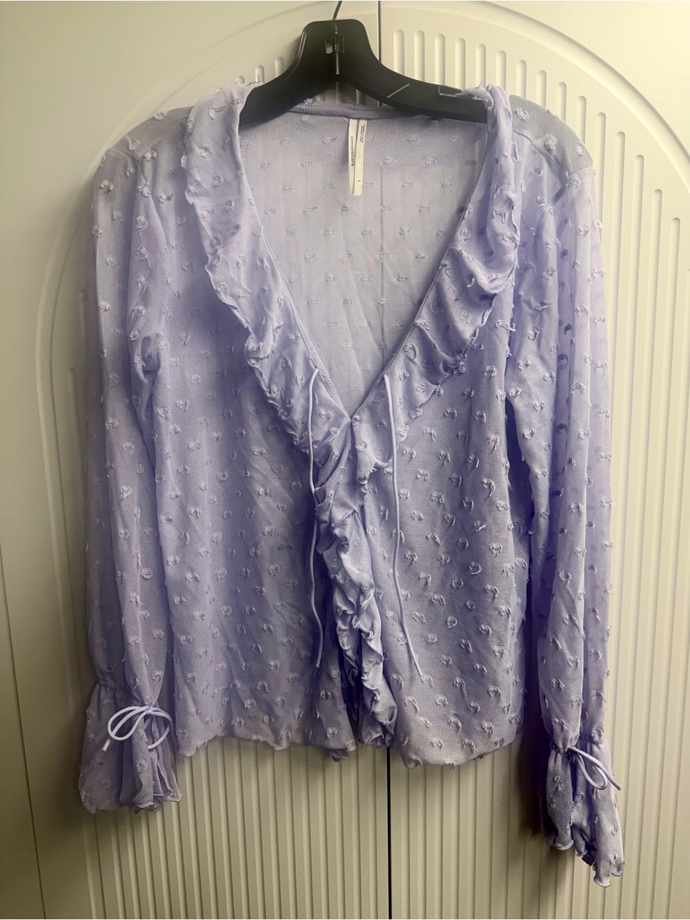 Anthropologie Lavender Ruffle V-Neck Long-Sleeve Top. Sheer